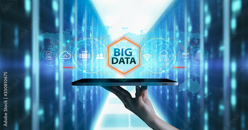 Poster big data,business and technology, software development, iot concept.businessman holding big data ico
