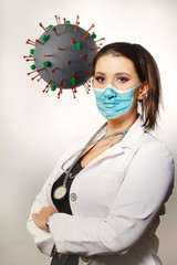 Woman in style of doctor with model molecule of corona virus