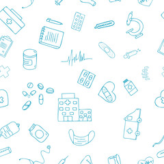 medical seamless repeat pattern, doodle set of medicine icons, health and medicine vector illustration, cartoon medical sketch