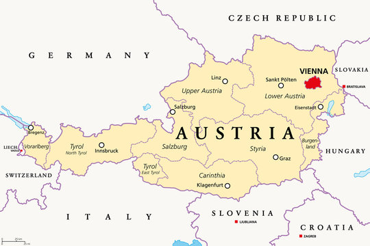 Austria, political map, with the capital Vienna, nine federated states and their capitals. With borders and the neighbor countries. English labeling. Illustration. Vector.