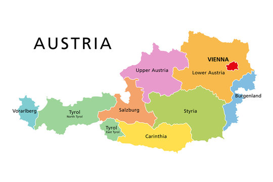 Austria, political map, with colored federated states, the capital Vienna and the borders. English labeling. Isolated illustration on white background. Vector.