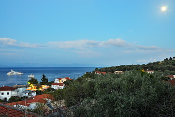 Greece,island Paxos-view on the town Gaios and moon
