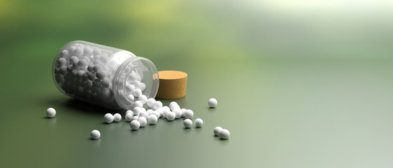 Glass container and homeopathic pills on blur green nature background. 3d illustration - obrazy, fototapety, plakaty