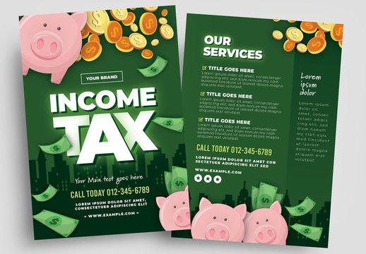 Income Tax Flyer Layout with Piggy Bank Illustration