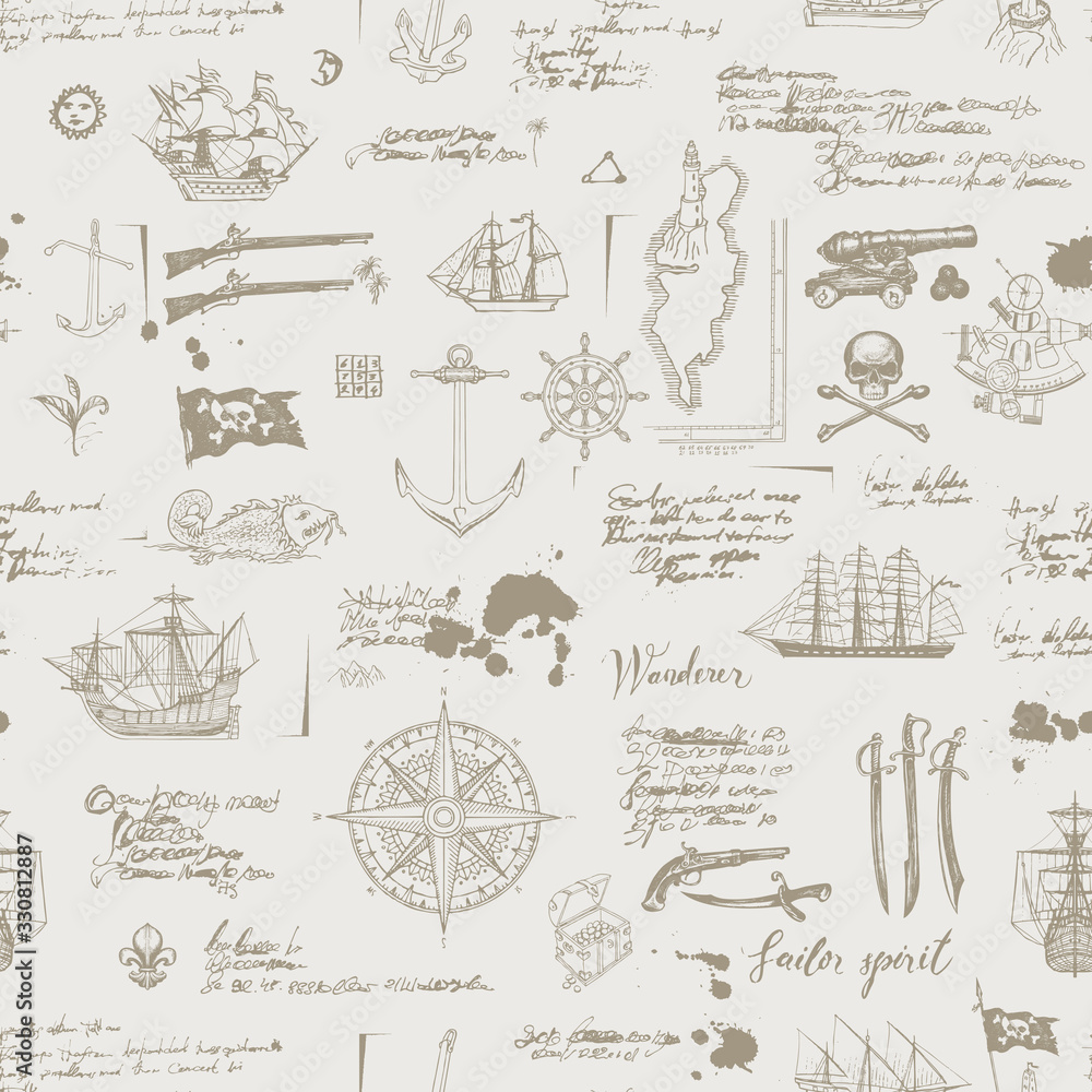 Poster vector abstract seamless pattern on the theme of pirate adventures with sketches and illegible notes