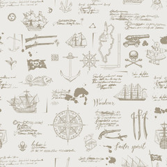 Vector abstract seamless pattern on the theme of pirate adventures with sketches and illegible notes. Vintage background with skull, crossbones, flag, swords, guns, caravels and other nautical symbols