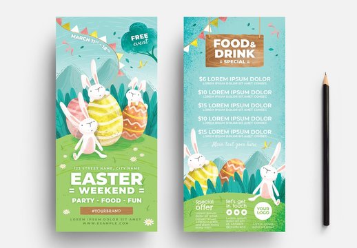 Easter Flyer Layout with Cute Egg and Rabbit Illustrations