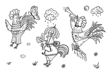 Different Funny Cartoon Roosters Vector Set. Hand Drawn Doodle Cocks. Rooster symbol of Chinese New Year. Coloring page for kids