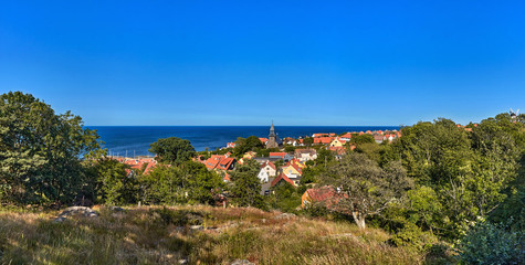 Elevated view on the town of Gudhjem, Bornholm island, Denmark.