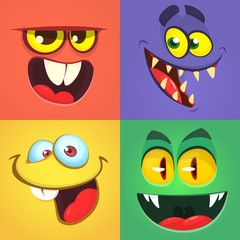 Cartoon monster faces set. Vector collection of four Halloween monster avatars with different face expressions. Halloween design