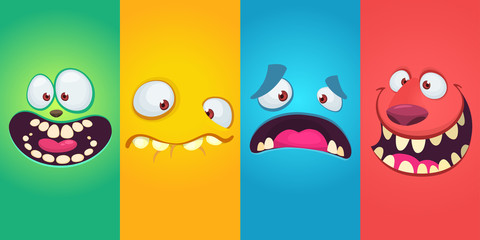 Cartoon monster faces set. Vector collection of four Halloween monster avatars with different face expressions. Halloween design
