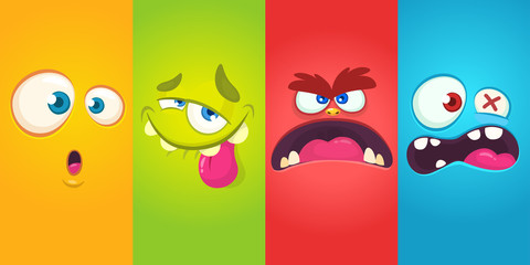 Cartoon monster faces set. Vector collection of four Halloween monster avatars with different face expressions. Halloween design © drawkman