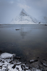Unique mountain called Volanstind located in Lofoten islands close to Ramberg town. Very popular hiking place offers amazing view. 