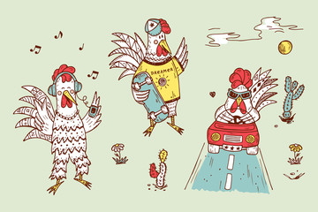 Different Funny Cartoon Roosters Vector Set. Hand Drawn Doodle Cocks. Rooster symbol of Chinese New Year
