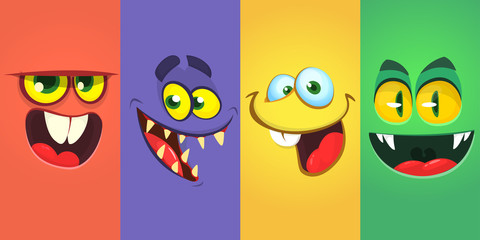 Cartoon monster faces set. Vector collection of four Halloween monster avatars with different face expressions. Halloween design