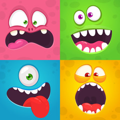 Cartoon monster faces set. Vector collection of four Halloween monster avatars with different face expressions. Halloween design