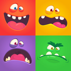 Cartoon monster faces set. Vector collection of four Halloween monster avatars with different face expressions. Halloween design