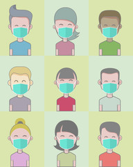 Coronavirus in China. Young People in Green Medical Face Mask. Concept of Coronavirus Quarantine Vector Illustration.