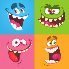 Cartoon monster faces set. Vector collection of four Halloween monster avatars with different face expressions. Halloween design
