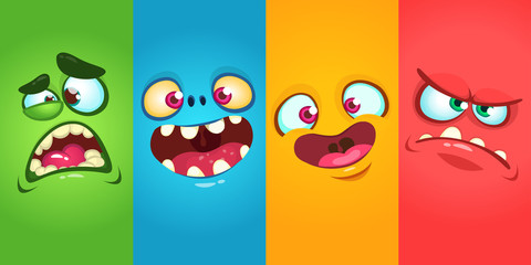 Cartoon monster faces set. Vector collection of four Halloween monster avatars with different face expressions. Halloween design - obrazy, fototapety, plakaty