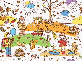 Hand drawn doodle Childhood Seamless pattern. Autumn season. Children. Walk on outdoors. Colorful Background for kids. Rainy weather.