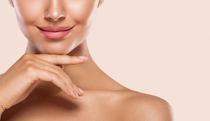 Woman lips face neck hands fingers beauty concept healthy skin - obrazy, fototapety, plakaty