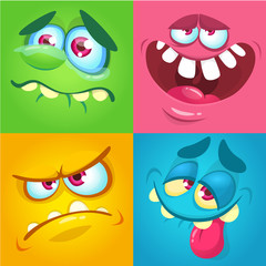Cartoon monster faces set. Vector collection of four Halloween monster avatars with different face expressions. Halloween design