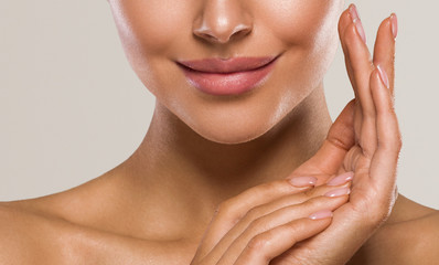 Woman lips face neck hands fingers beauty concept healthy skin