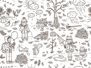 Fototapeta premium Hand drawn doodle Childhood Seamless pattern. Autumn season. Children. Walk on outdoors. Colorful Background for kids. Rainy weather.
