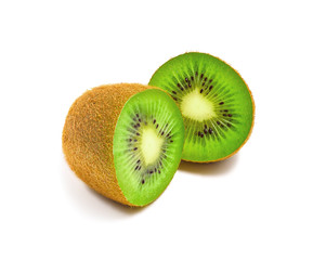 Kiwi cut into two parts on an isolated white background. 