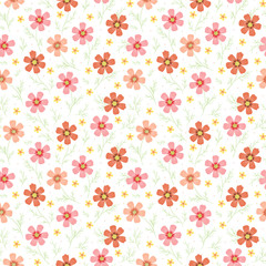 Vintage Floral Seamless Pattern. Cosmos Flower. Small Pink and Brown Flowers on White Background. Vector illustration