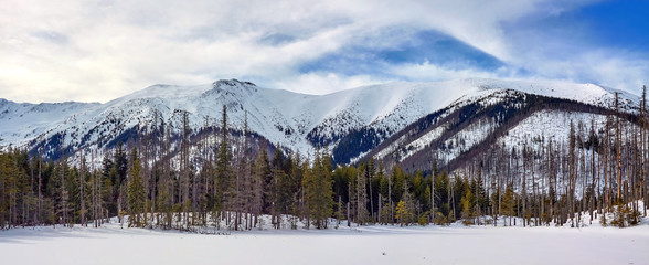 Winter panorama of West Tatra mountain range from frozen and snow-covered Smreczynski Lake (Smreczyński Staw), Poland © PatPat