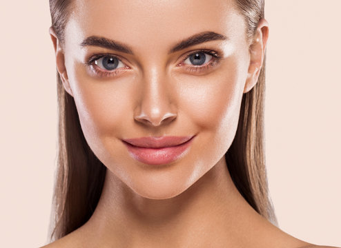 Eyes lips nose woman healthy skin macro headshot beauty clean skin