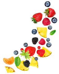 Creative layout made of summer fruits and mixed berries isolated on white background. Flat lay. Food concept..