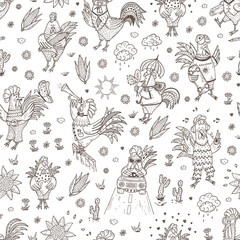Naklejka premium Different Funny Cartoon Roosters Vector Seamless pattern. Hand Drawn Doodle Cocks. Black and white wallpaper for kids