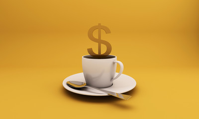 White coffee cups with smoke drifting out into a gold dollar image in a yellow background.concept idea-3D render