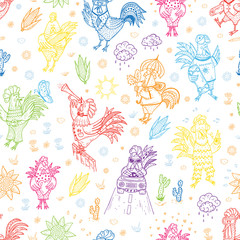 Different Funny Cartoon Roosters Vector Seamless pattern. Hand Drawn Doodle Cocks. Colorful wallpaper for kids