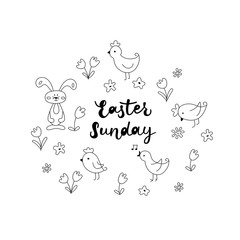 HAPPY EASTER- hand drawn modern calligraphy design vector illustration. Easter decoration. Black lettering. Vector illustration with decorative Eaeter wreath. Poster, greeting card template.