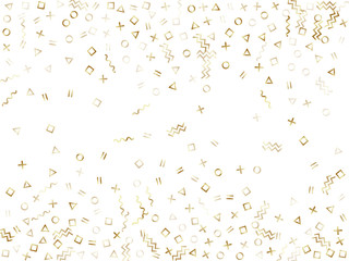 Memphis style geometric confetti vector background of triangle circle square shapes, chevron wavy lines.