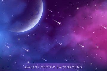 Cosmos background with realistic stardust, nebula, moon and shining stars. Colorful galaxy backdrop. Space vector illustration. Starry night, infinite universe, milky way.