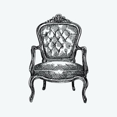Hand-drawn sketch of Chesterfield leather armchair with quilted and long backrest. Armchair of the antique period. Vintage armchair. Chesterfield sofas