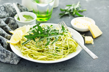 Spaghetti with arugula pesto. Selective focus.