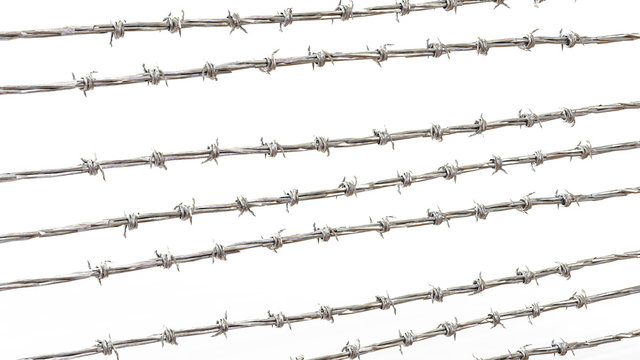 3D illustration. Old rusty security barbed wire isolated on white background.  Sharp military security fence. Closeup.