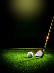 Deurstickers Beam of light illuminating a golf club and a golf ball on the lawn © trattieritratti