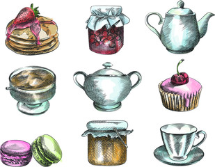 Colorful hand-drawn sketch of desserts and dishware for tea ceremony. Pancakes with strawberries, cupcake with cherry, jam in a jar, honey, macarons, cup of tea, granulated sugar, teapot, sugar bowl w - 330819886