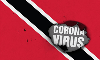 Flag of Trinidad and Tobago with burned out hole showing Coronavirus name in it. 2019 - 2020 Novel Coronavirus (2019-nCoV) concept, for an outbreak occurs in the Trinidad and Tobago.