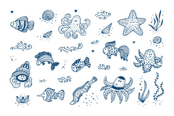 Hand Drawn Doodle Cute Sea Animals Set. Various Fish, Octopus, Crab, Starfish - Vector illustration