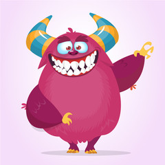 Funny cartoon pink monster waving. Vector cute monster mascot illustration for Halloween.