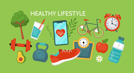 Healthy lifestyle concept. Fitness and diet banner design with food and sport equipment. Vector illustration