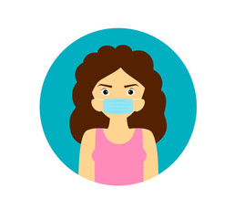 Young brunette woman in medical mask. Vector illustration girl in a mask coronavirus preventionConcept of protection against viruses, flu, coronavirus. 